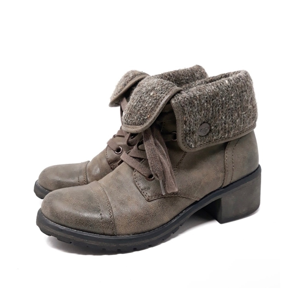 Roxy Pepper Brown Fold-Over Knit Cuff Combat Boots Women 8.5 Cap Toe Block Heel